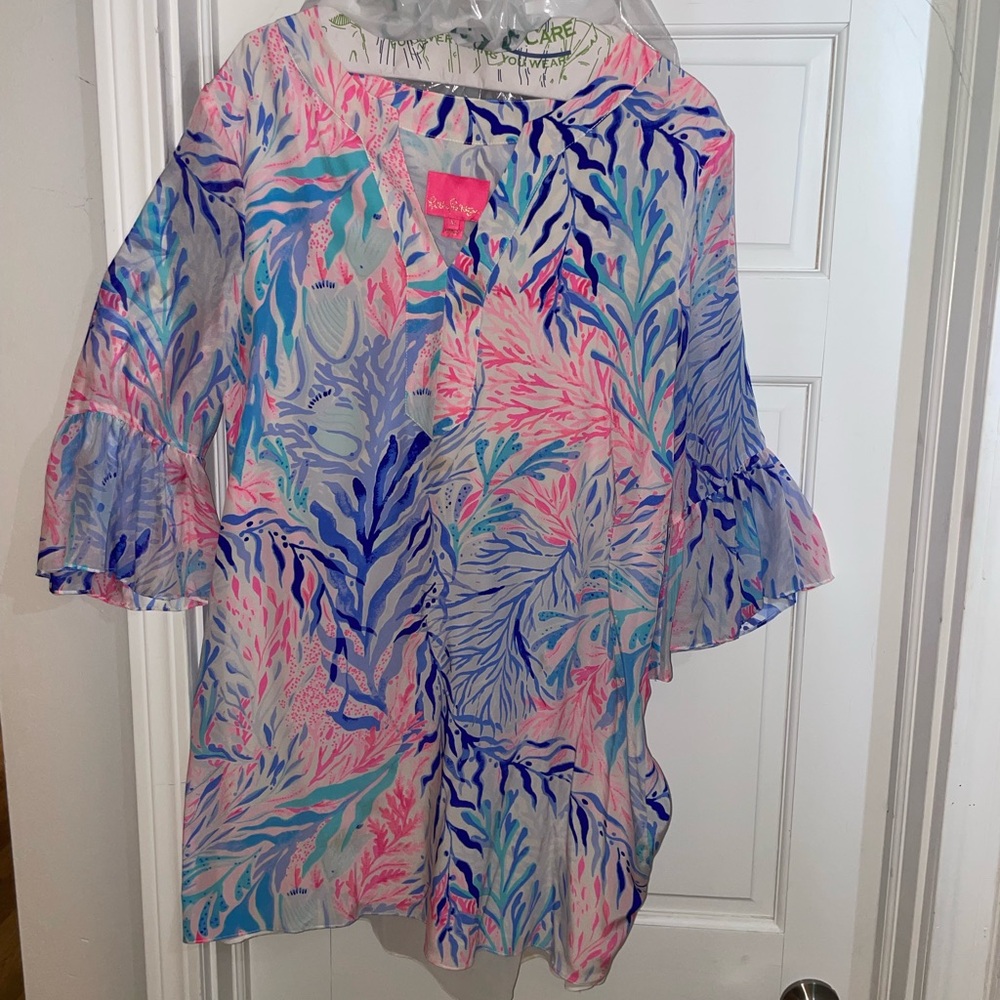 Lilly Pulitzer Elenora Silk Dress Kaleidoscope Coral Sz XL Bell Sleeve